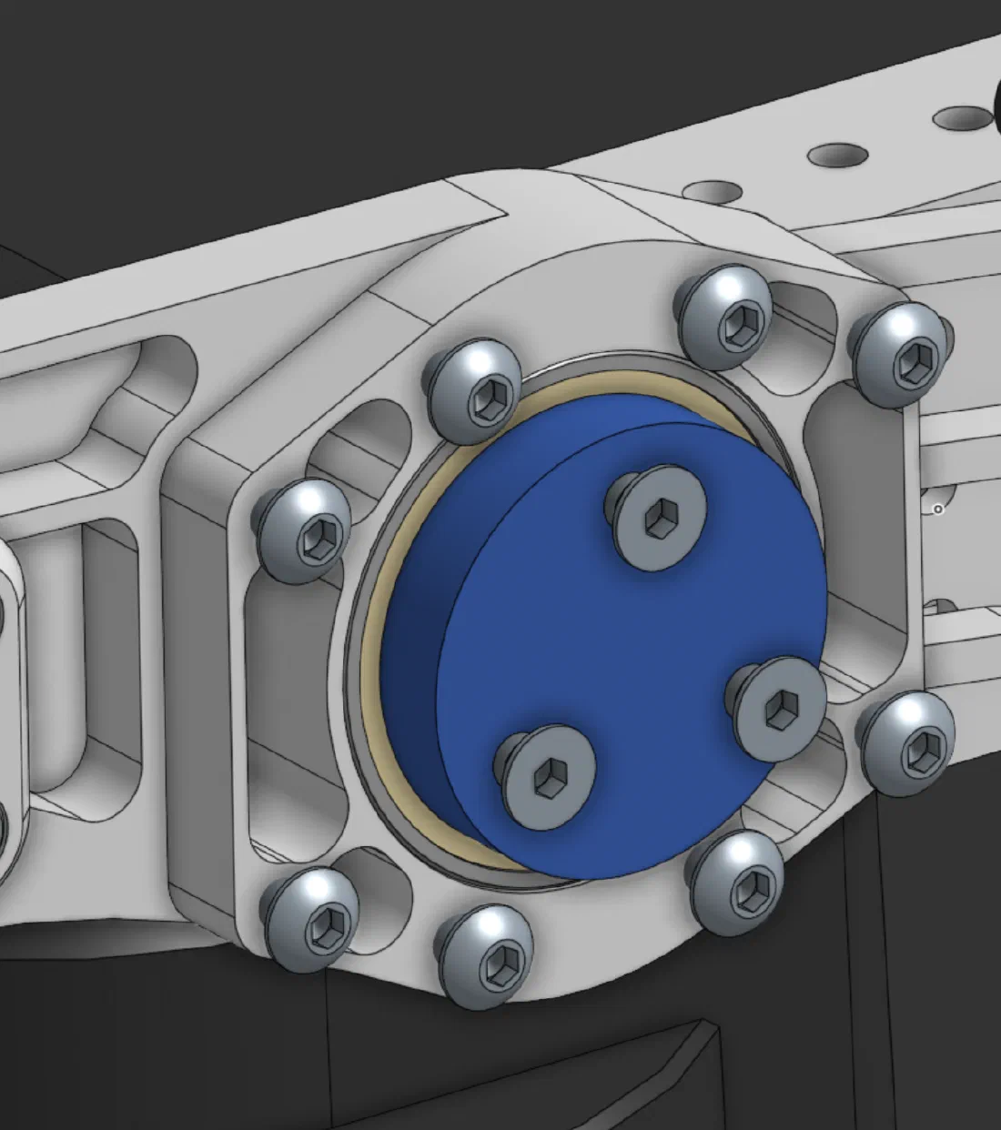 The pivot bearing and its 3D-printed retaining slot from three angles.