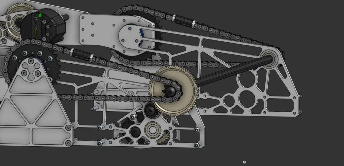 Pivot gearbox (left) and the chain runs that drive both sides of the intake (right).