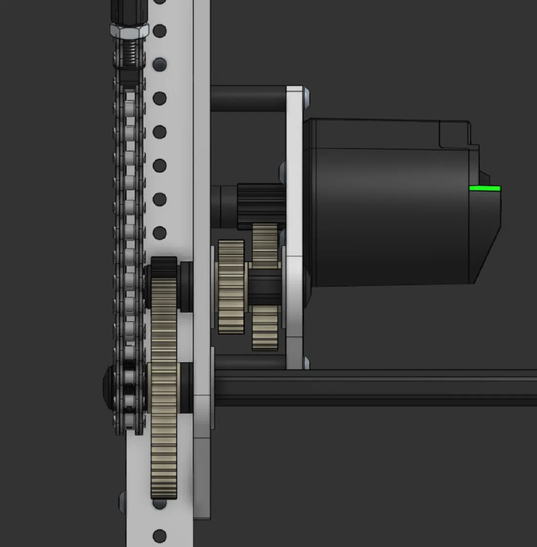 Pivot gearbox (left) and the chain runs that drive both sides of the intake (right).