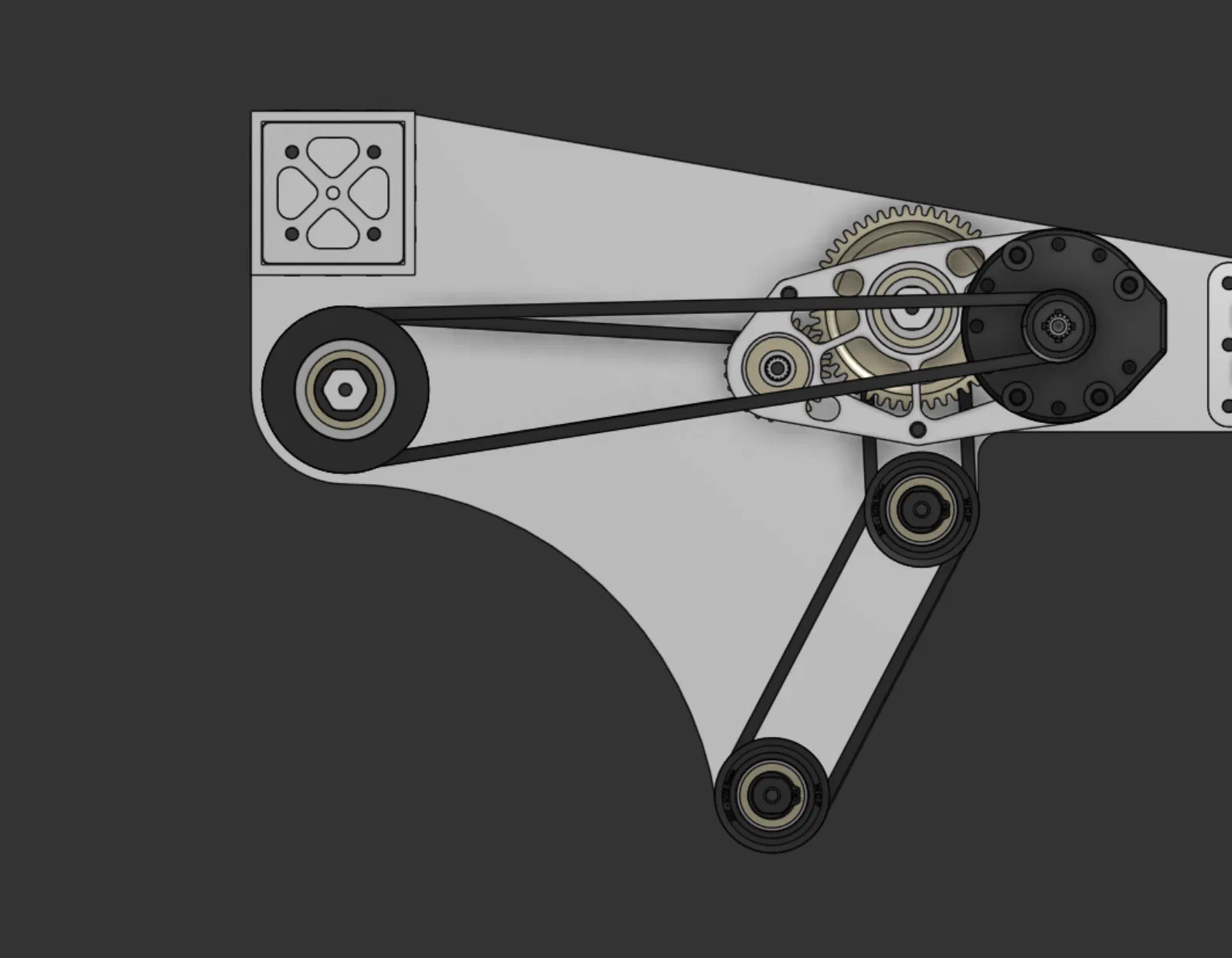 Side profile: the three roller positions and the belt paths that drive them.
